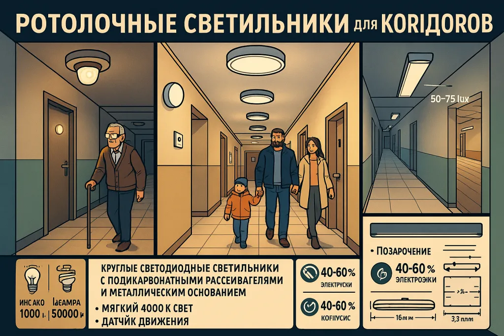 Современные потолочные светильники и энергосберегающие решения для освещения коридоров и прихожих в многоквартирных домах